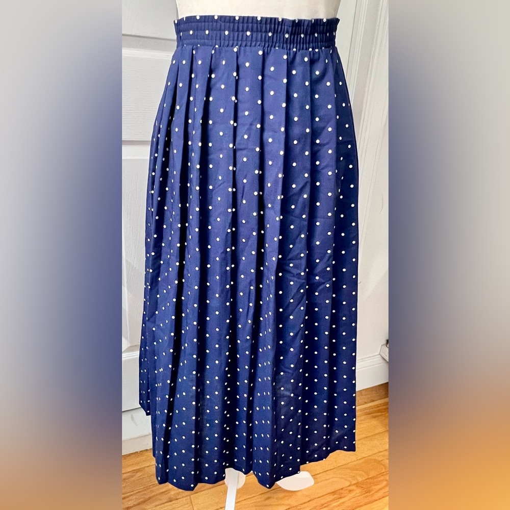 Navy and white polka dot pleated skirt